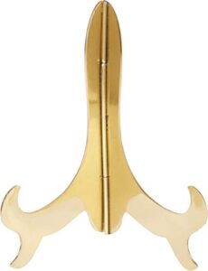 bard’s hinged brass plate stand, 7″ h x 6″ w x 4.25″ d (for 7.5″ – 9.5″ plates)