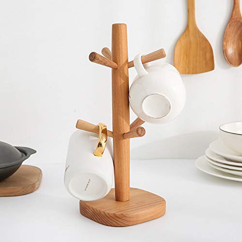 Hooshion Wooden Mug Rack Holder Stand, Coffee Mug Holder Stand, Mug Tree Holder with 6 Hooks Cups Organizer Cups Dryer for Tea Cup Coffee Cup Mug