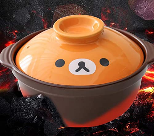 Korean Premium Cartoon Pattern Ceramic Brown Casserole Clay Pot with Lid,For Cooking Hot Pot Dolsot Bibimbap and Soup (8in,44oz)