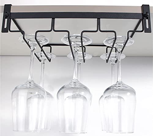 Kamehame Wine Glass Rack Under Cabinet, Nail Free Hanging Stemware Rack Metal Glasses Holder Storage Hanger for Kitchen, Bar(3 Rows, Black)