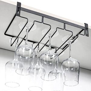 Kamehame Wine Glass Rack Under Cabinet, Nail Free Hanging Stemware Rack Metal Glasses Holder Storage Hanger for Kitchen, Bar(3 Rows, Black)