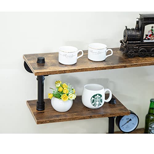 HEONITURE Bar Shelf Industrial Pipe Shelving 4 Stem Glass Holder,39in Floating Wine Rack Wall Mounted Shelves,Hanging Liquor Shelves,Display Rack Home Bar Living Room Black 7.87Dx7.87Wx23.6H''