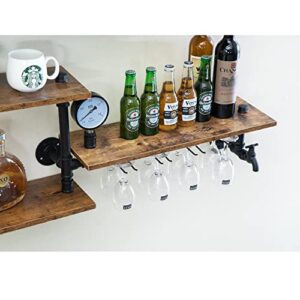 HEONITURE Bar Shelf Industrial Pipe Shelving 4 Stem Glass Holder,39in Floating Wine Rack Wall Mounted Shelves,Hanging Liquor Shelves,Display Rack Home Bar Living Room Black 7.87Dx7.87Wx23.6H''