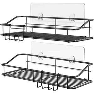 nieifi shower caddy shelf with hooks storage rack organizer adhesive stainless steel without drilling for bathroom, lavatory, washroom, restroom, shower, toilet, kitchen – 2 pack (black)