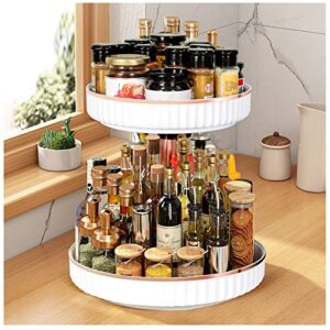 double layer lazy susans,2 tiers plastic turntable with adjustable height, 360° rotating spice rack for kitchen cabinet storage, white (diameter 10.23″-11.81″)