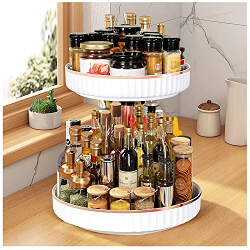 Double Layer Lazy Susans,2 Tiers Plastic Turntable with Adjustable Height, 360° Rotating Spice Rack for Kitchen Cabinet Storage, White (Diameter 10.23"-11.81")