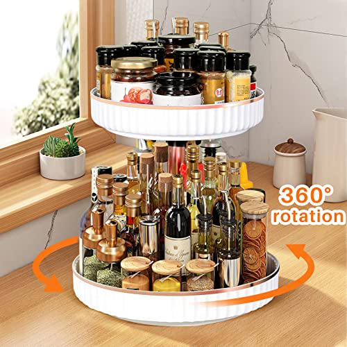 Double Layer Lazy Susans,2 Tiers Plastic Turntable with Adjustable Height, 360° Rotating Spice Rack for Kitchen Cabinet Storage, White (Diameter 10.23"-11.81")