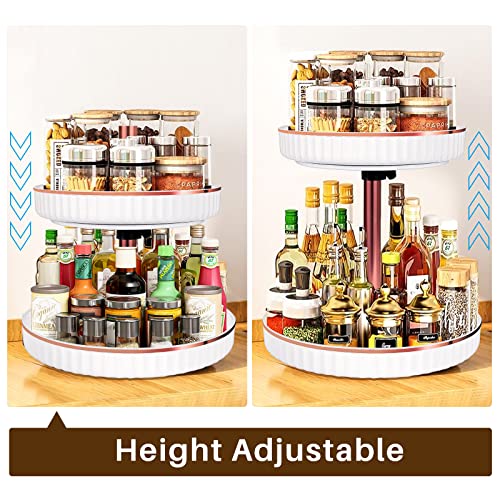 Double Layer Lazy Susans,2 Tiers Plastic Turntable with Adjustable Height, 360° Rotating Spice Rack for Kitchen Cabinet Storage, White (Diameter 10.23"-11.81")