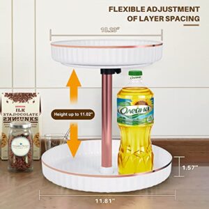 Double Layer Lazy Susans,2 Tiers Plastic Turntable with Adjustable Height, 360° Rotating Spice Rack for Kitchen Cabinet Storage, White (Diameter 10.23"-11.81")