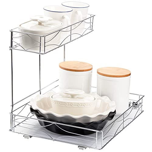 Elsjoy Under Sink Pull Out Sliding Shelf, 2 Tier Cabinet Storage Organizer Slide Out Drawer Basket with EVA Liner Pads for Kitchen, Bathroom, Request at Least 13.5" Cabinet Opening