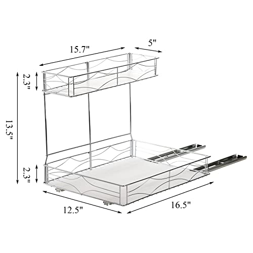 Elsjoy Under Sink Pull Out Sliding Shelf, 2 Tier Cabinet Storage Organizer Slide Out Drawer Basket with EVA Liner Pads for Kitchen, Bathroom, Request at Least 13.5" Cabinet Opening