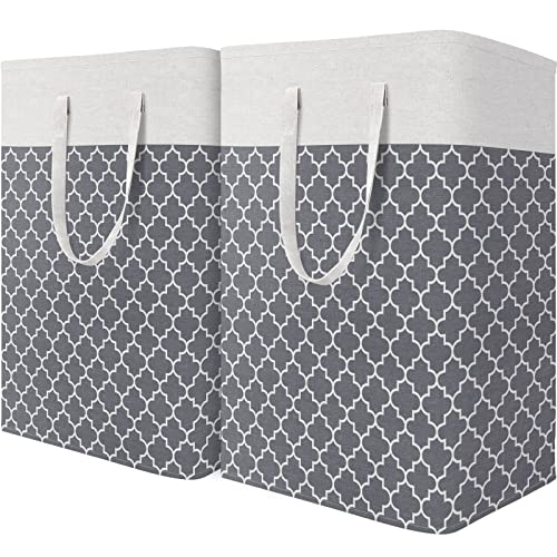 HomeHacks Laundry Baskets, Laundry Hamper with Long Handles, Collapsible Waterproof Clothes Hamper, Durable Tall Laundry Bin, Clothes Hamper for Bedroom, Bathroom, Dorm, Toys, 75L, 2-Pack, Grey