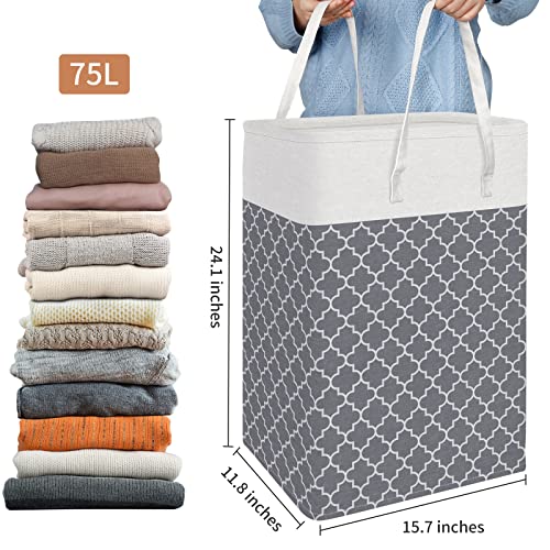 HomeHacks Laundry Baskets, Laundry Hamper with Long Handles, Collapsible Waterproof Clothes Hamper, Durable Tall Laundry Bin, Clothes Hamper for Bedroom, Bathroom, Dorm, Toys, 75L, 2-Pack, Grey