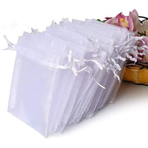 hopttreely 100pcs premium sheer organza bags, white wedding favor bags with drawstinr, 4×4.72 jewelry gift bags for party, jewelry, christmas, festival, bathroom soaps, makeup organza favor bags
