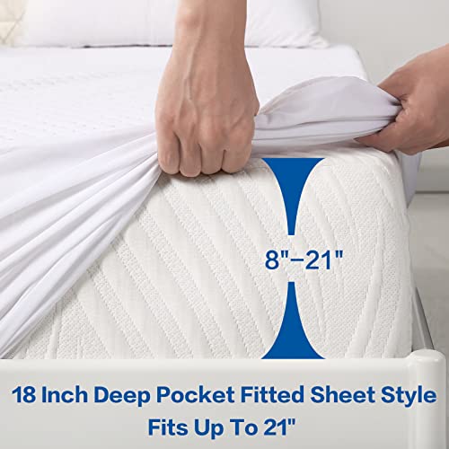 MERITLIFE Premium Waterproof Queen Size Mattress Protector Cooling Mattress Pad Cover Bamboo 3D Air Fabric Ultra Soft Breathable Fitted 8"-21" Deep Pocket Noiseless Vinyl-Free (White, Queen)