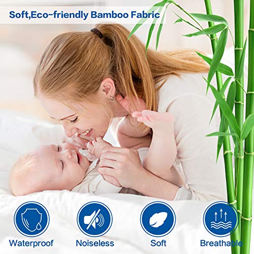 MERITLIFE Premium Waterproof Queen Size Mattress Protector Cooling Mattress Pad Cover Bamboo 3D Air Fabric Ultra Soft Breathable Fitted 8"-21" Deep Pocket Noiseless Vinyl-Free (White, Queen)