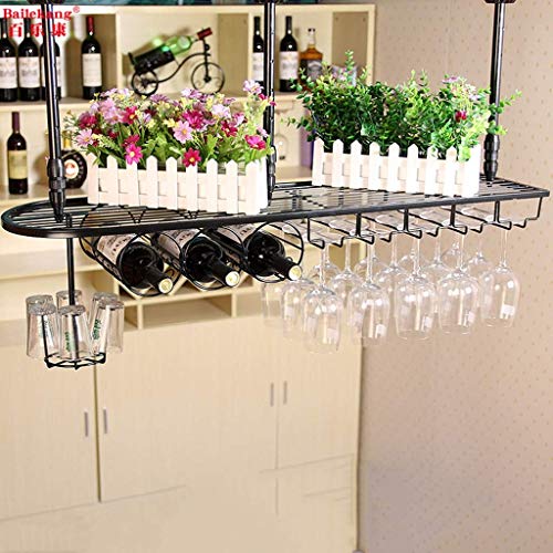 PIBM Stylish Simplicity Wine Rack Wine Rack Adjustable Height, Ceiling Mounted Hanging Wine Bottle Holder Metal Iron Wine Glass Holder High Cup Holder Wine Rack Wall Hanging, Black , 80*CM