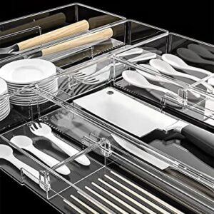 AOBOC Clear Plastic Kitchen Drawer Organizer with Two Adjustable Compartments,Flatware Organizer for Silverware,Cutlery or Kitchen Gadgets (3.9W×16.2L)