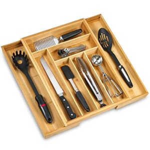 expandable drawer utensils organizer 100% bamboo – large adjustable wood cutlery and utility drawer insert. kitchen drawer divider 8 compartments.