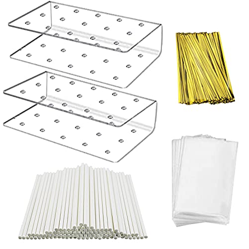 MR.FOAM Acrylic ,2PC Cake Pop Stand Display Holder 100PCS Lollipop Sticks 100PCS Clear Treats Bags and 100PCS Gold Metallic Twist Ties for Candy Cake Pop Making Tools