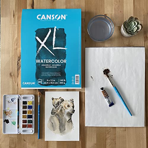 Canson XL Series Watercolor Textured Paper Pad for Paint, Pencil, Ink, Charcoal, Pastel, and Acrylic, Fold Over, 140 Pound, 9x12 Inch, , 30 Sheets