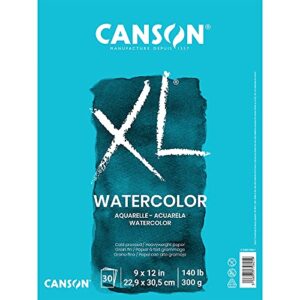 canson xl series watercolor textured paper pad for paint, pencil, ink, charcoal, pastel, and acrylic, fold over, 140 pound, 9×12 inch, , 30 sheets