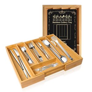 bigtree bamboo cutlery expandable drawer organizer, silverware tray organizer, recessed dividers, wooden drawer divider organizer, adjustable size to 15.35 x 14.17 x 1.97 inches for kitchen utensils.