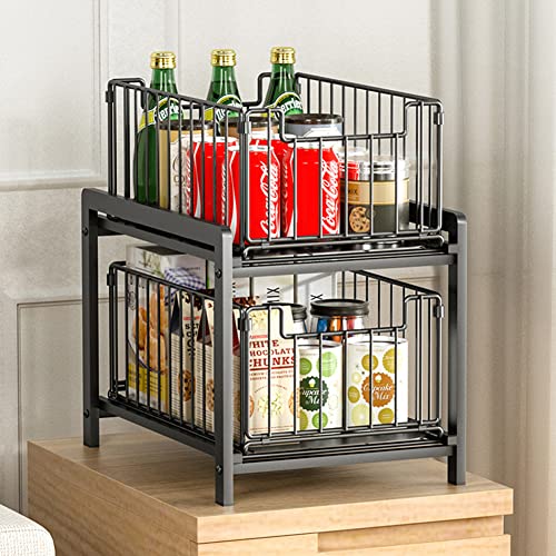 Pull-out Organizer 2 Tier Metal Under Sink Cabinet Organizer Sliding Drawer Home Storage Rack (Black)