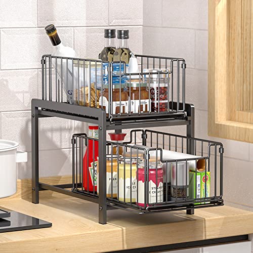 Pull-out Organizer 2 Tier Metal Under Sink Cabinet Organizer Sliding Drawer Home Storage Rack (Black)