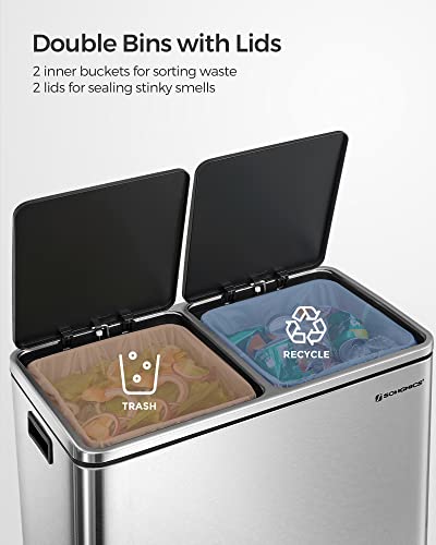 SONGMICS Trash Can, 2 x 8-Gallon Garbage Can for Kitchen, with 15 Trash Bags, 2 Compartments, Plastic Inner Buckets and Hinged Lids, Airtight, Silver and Black ULTB60NL