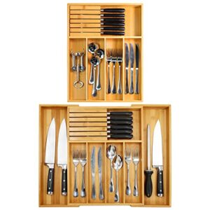 Bamboo Silverware Drawer Organizer with Knife Block Set