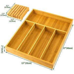 Bamboo Silverware Drawer Organizer with Knife Block Set