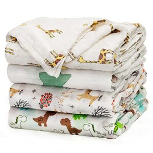 upsimples baby swaddle blanket unisex swaddle wrap soft silky bamboo muslin swaddle blankets neutral receiving blanket for boys and girls, 47 x 47 inches, set of 4 – fox/elephant/giraffe/dinosaur