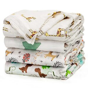 upsimples Baby Swaddle Blanket Unisex Swaddle Wrap Soft Silky Bamboo Muslin Swaddle Blankets Neutral Receiving Blanket for Boys and Girls, 47 x 47 inches, Set of 4 - Fox/Elephant/Giraffe/Dinosaur