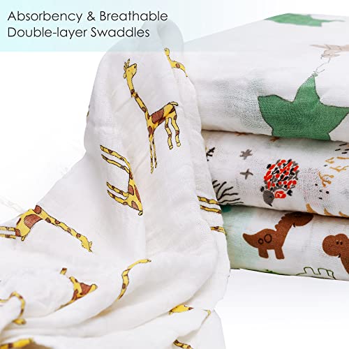 upsimples Baby Swaddle Blanket Unisex Swaddle Wrap Soft Silky Bamboo Muslin Swaddle Blankets Neutral Receiving Blanket for Boys and Girls, 47 x 47 inches, Set of 4 - Fox/Elephant/Giraffe/Dinosaur