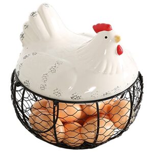 mygift black metal mesh wire egg storage basket with white ceramic farm chicken top lid and handles – holds 30 eggs