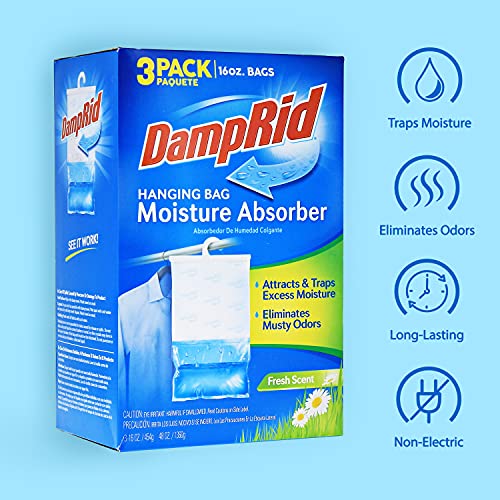 DampRid Hanging Bag, Moisture Absorber, 1 box of 3 bag (16 oz. each bag.), Blue