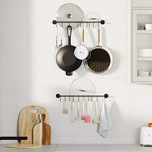 Wallniture Cucina 24" Gourmet Kitchen Rail Wall Mount Kitchen Utensil Holder with 10 S Hooks for Hanging Pots and Pans Set of 2, Black