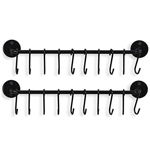 Wallniture Cucina 24" Gourmet Kitchen Rail Wall Mount Kitchen Utensil Holder with 10 S Hooks for Hanging Pots and Pans Set of 2, Black