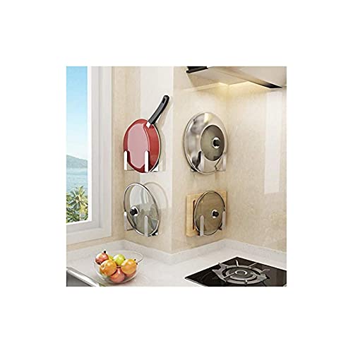 ANNGY Pot Lid Holder, Stainless Steel Wall Mounted 3M Self Adhesive Pan Cover Racks (Set of 4) Freely Adjustable Length (Silver)