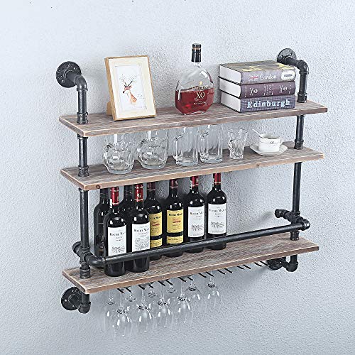 Industrial Pipe Shelf Wine Rack Wall Mounted with 9 Stem Glass Holder,36in Real Wood Shelves Kitchen Wall Shelf Unit,3-Tiers Rustic Floating Bar Shelves Wine Shelf,Steam Punk Pipe Shelving Glass Rack