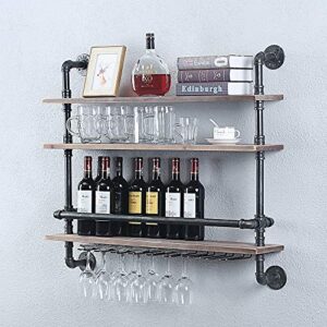 industrial pipe shelf wine rack wall mounted with 9 stem glass holder,36in real wood shelves kitchen wall shelf unit,3-tiers rustic floating bar shelves wine shelf,steam punk pipe shelving glass rack