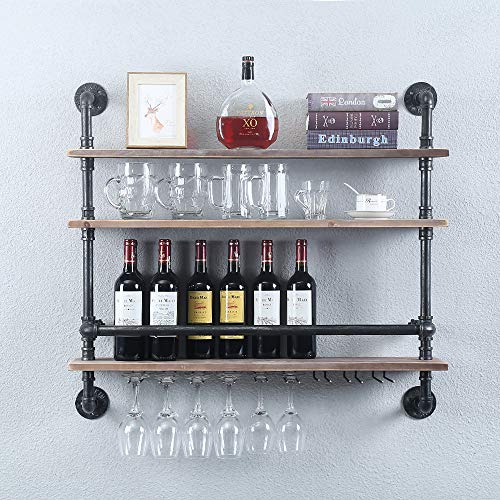 Industrial Pipe Shelf Wine Rack Wall Mounted with 9 Stem Glass Holder,36in Real Wood Shelves Kitchen Wall Shelf Unit,3-Tiers Rustic Floating Bar Shelves Wine Shelf,Steam Punk Pipe Shelving Glass Rack