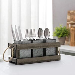 MyGift Vintage Brown Wood Kitchen Flatware Cutlery Silverware Caddy Utensil Holder with 3 Galvanized Metal Removable Storage Cups and Rope Handles