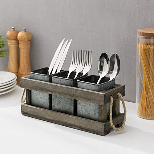 MyGift Vintage Brown Wood Kitchen Flatware Cutlery Silverware Caddy Utensil Holder with 3 Galvanized Metal Removable Storage Cups and Rope Handles