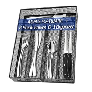 49-piece silverware set with flatware drawer organizer, haware heavy duty stainless steel cutlery set for 8, kitchen utensils tableware with steak knife dinner fork knife spoon & tray, mirror finished