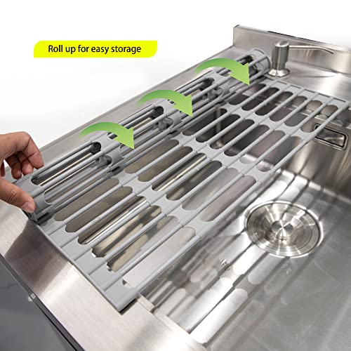 Upgraded Roll Up Dish Drying Rack (17.4''x13''),Multipurpose Over the Sink Dish Drying Rack Kitchen Dish Drainer,Silicone Wrapped Solid Stainless Steel Foldable Sink Rack,Kitchen Sink Accessories