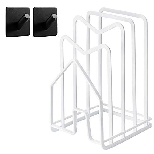 Hikinlichi Cutting Board Holder Rack 2 Adhesive Hooks 304 Stainless Steel Hooks Kitchen Countertop Chopping Board Organizer Stand Pots Pan Lids Rack 4.92 x 5.7 x 8.46 in. White