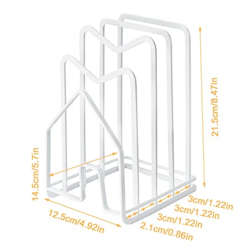 Hikinlichi Cutting Board Holder Rack 2 Adhesive Hooks 304 Stainless Steel Hooks Kitchen Countertop Chopping Board Organizer Stand Pots Pan Lids Rack 4.92 x 5.7 x 8.46 in. White