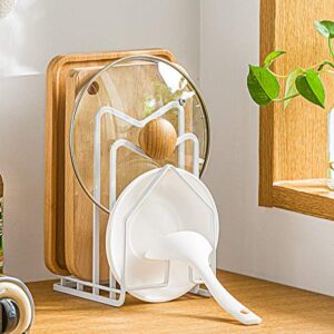 Hikinlichi Cutting Board Holder Rack 2 Adhesive Hooks 304 Stainless Steel Hooks Kitchen Countertop Chopping Board Organizer Stand Pots Pan Lids Rack 4.92 x 5.7 x 8.46 in. White